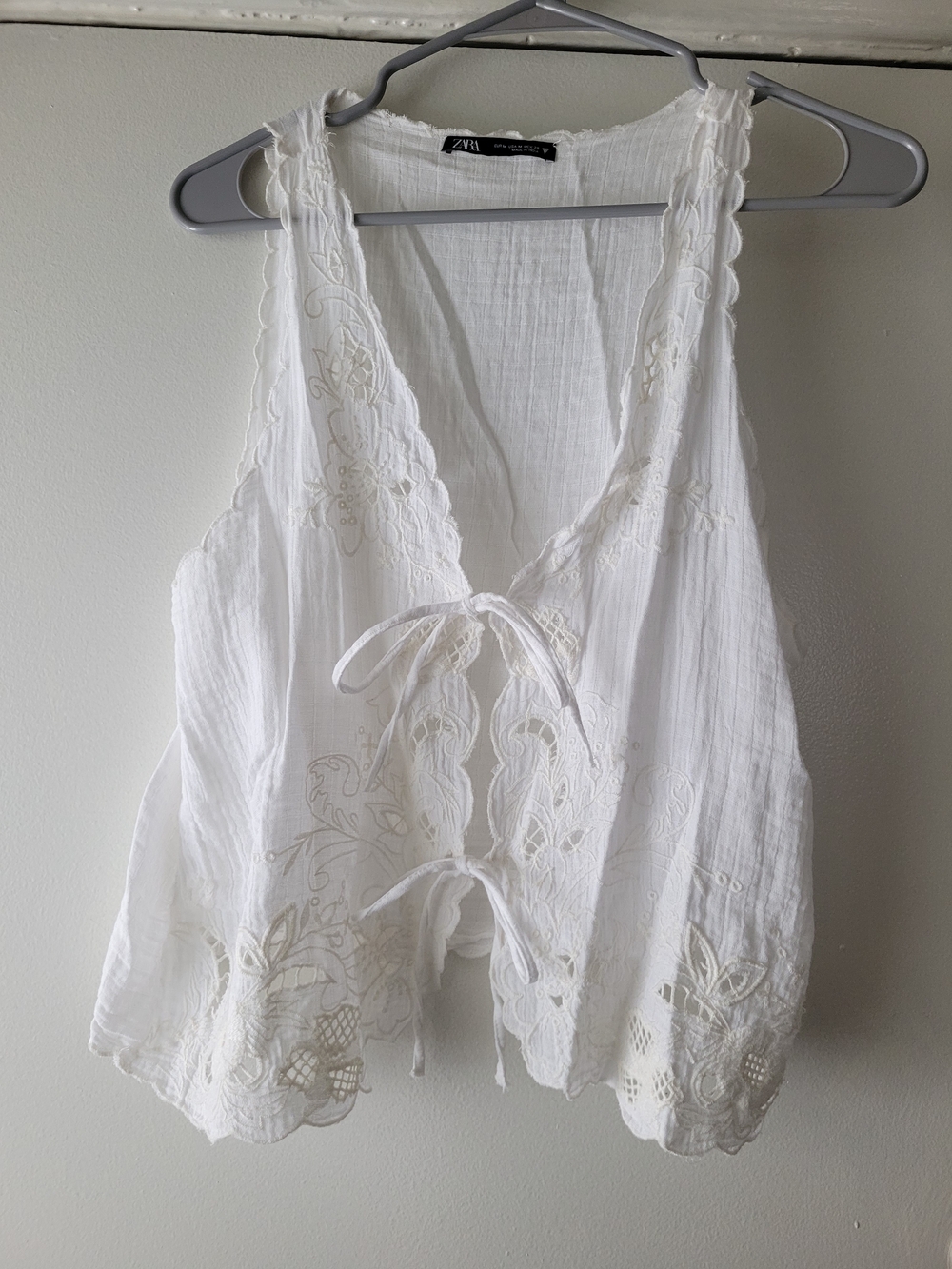 Zara White Tie-Front Embroidered Cotton Tank Top